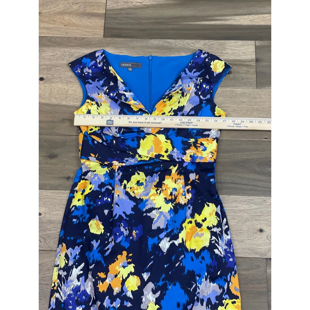 Donna Ricco Dress Blue Yellow Abstract Floral Sheath Cap Sleeve Size 10 - Picture 5 of 7